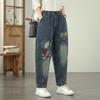 Plus Size Vintage Embroidery High Waist Casual Loose Women Spring Summer Autumn Jeans Denim Harem Pants