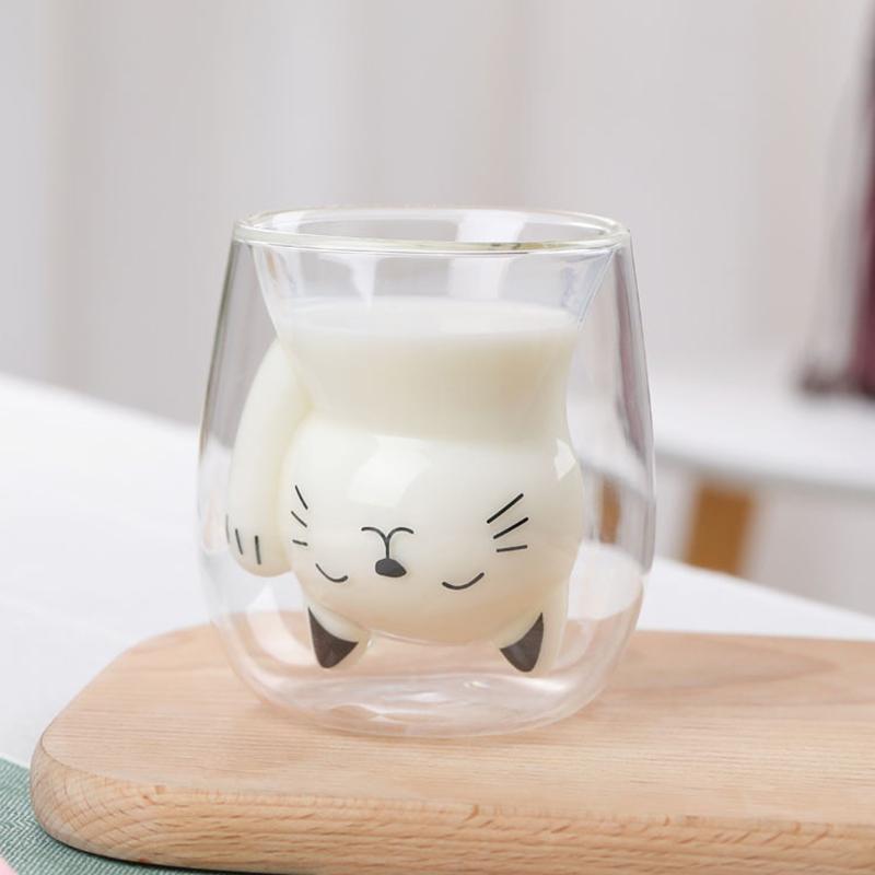 Cute Kitten Glass Coffee Mug, Double-walled Glass Milk Mug. Perfect For Breakfast, Coffee, Juice, Or As A Holiday Gift