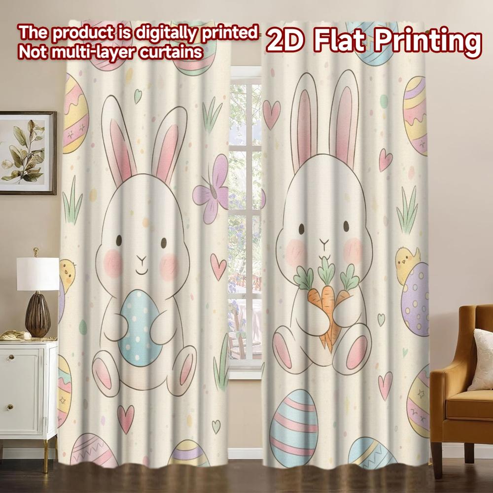 

2D flat printing 2pcs Popular Curtain Panels Easter Bunnies with Flowers() Versatile Fabric Without Electricity Festive Holiday 100*130 Rod Pocket 1pcs