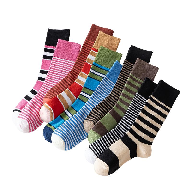 Female Spring and Autumn Classic Assorted Color Stripe Design In The Tube Cotton Socks