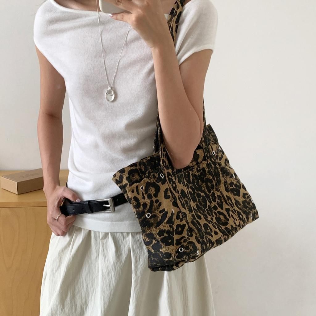 Autumn Korean Retro Leopard Print Canvas Bag, Niche and Versatile, Large Capacity Casual Single Shoulder Tote Bag