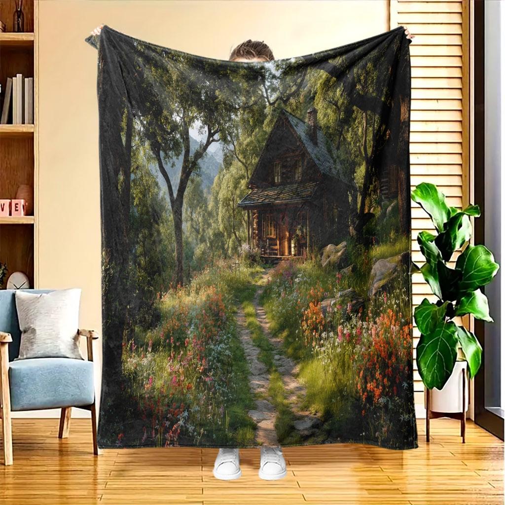 A Tranquil Forest Cabin Blanket Made of Soft 100% Polyester, Featuring High-Definition Digital Printing, Suitable for All Seasons, And a Perfect Gift