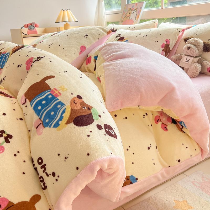 Thickened Milk Fleece Four-Piece Set, Coral Fleece Bed Sheet Quilt Cover, Fleece Three-Piece Set, Bedding.