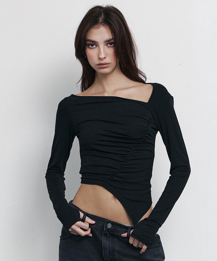 Peullijeunopallou Sadie Unbal Shirring Long Sleeve Top (Black)