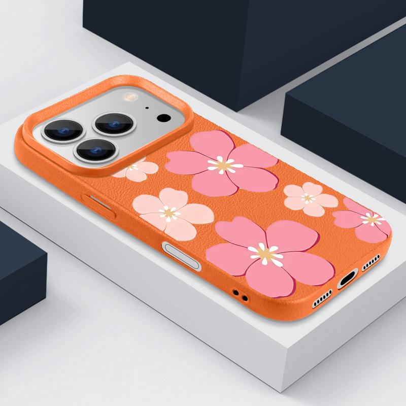 Fresh Style Cherry Blossom Pattern Case For iPhone 17 Pro Max Leather Texture Soft Silicone Cover For iPhone 16 15 14 13 Pro 12 11 16E Air