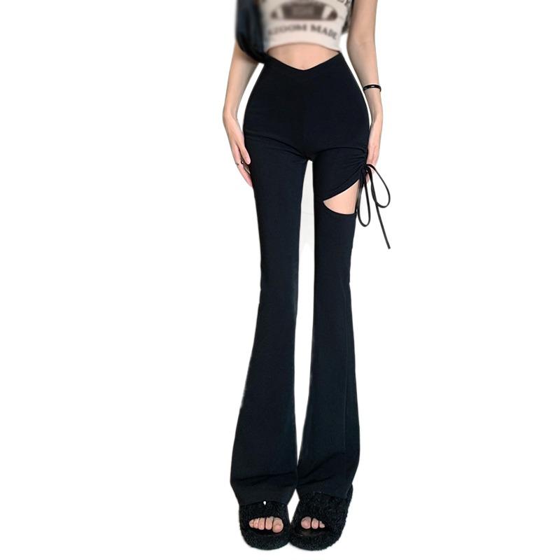 

Брюки с высокой талией для женщин, леггинсы-клеш, рваные черные эластичные сексуальные расклешенные брюки, широкие брюки-палаццо-колокол M