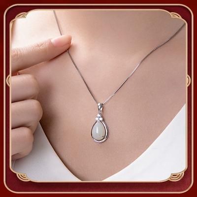 Colar feminino com pingente de gota d'água em calcedônia S925, estilo retrô nacional, prata esterlina