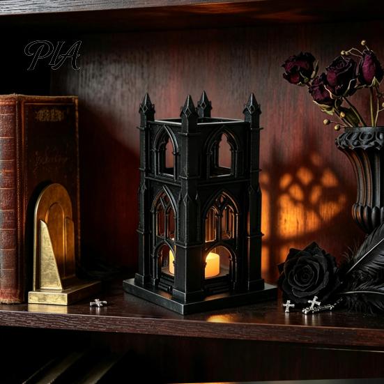 Colorful Balcony Figurine Gothic Cathedral LED Candle Lantern, Church Shaped Flameless Tealight Lamp, Small Gift for Children Spooky Vintage