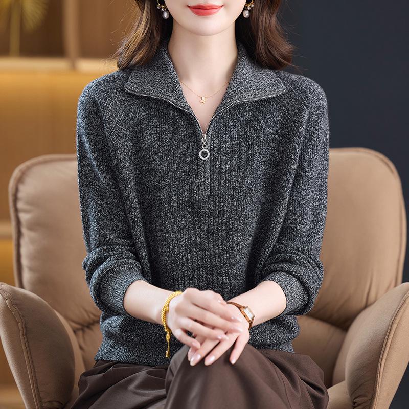 Women's Half-Zip Pure Wool Sweater - Autumn & Winter Warm, Loose Slimming Lapel Knitwear Top