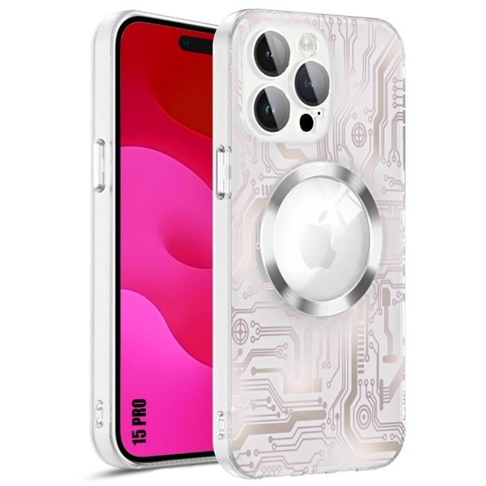 Coque pour iPhone 15 Pro - Translucide Antichoc avec Cercle Magnétique et Protection Caméra Arrière - Motif Circuit Imprimé