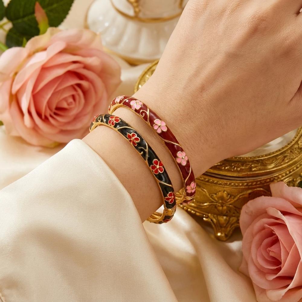 Romantic Enamel Flower Bracelet Vintage Chinese Cloisonne Bracelet  for Women