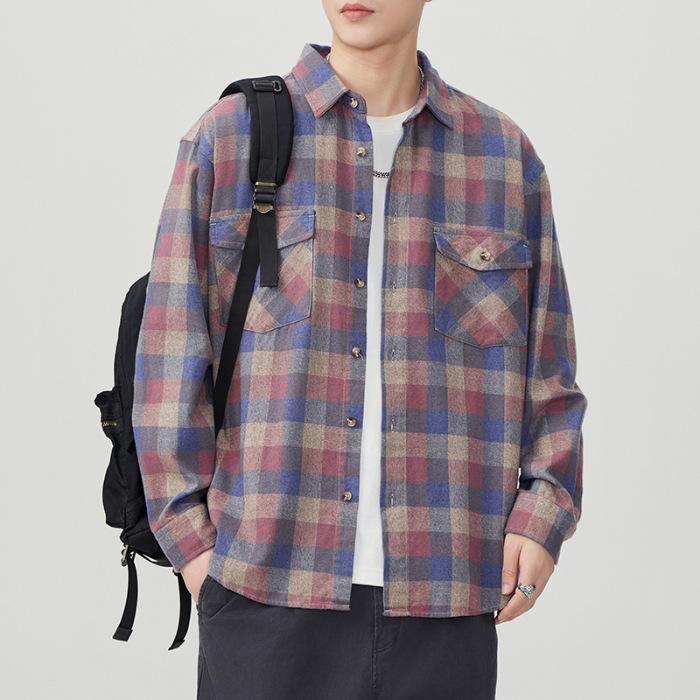 Spring New Japanese Retro Men's Loose Shirt Color Plaid Casual American Shirt Jacket