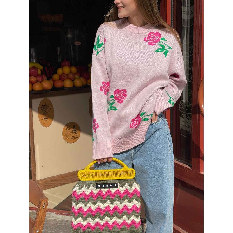 Cross-Border round Neck Rose Printed Sweater Sweater European and American Autumn and Winter New All-Matching Loose Pullover Sweater for Women