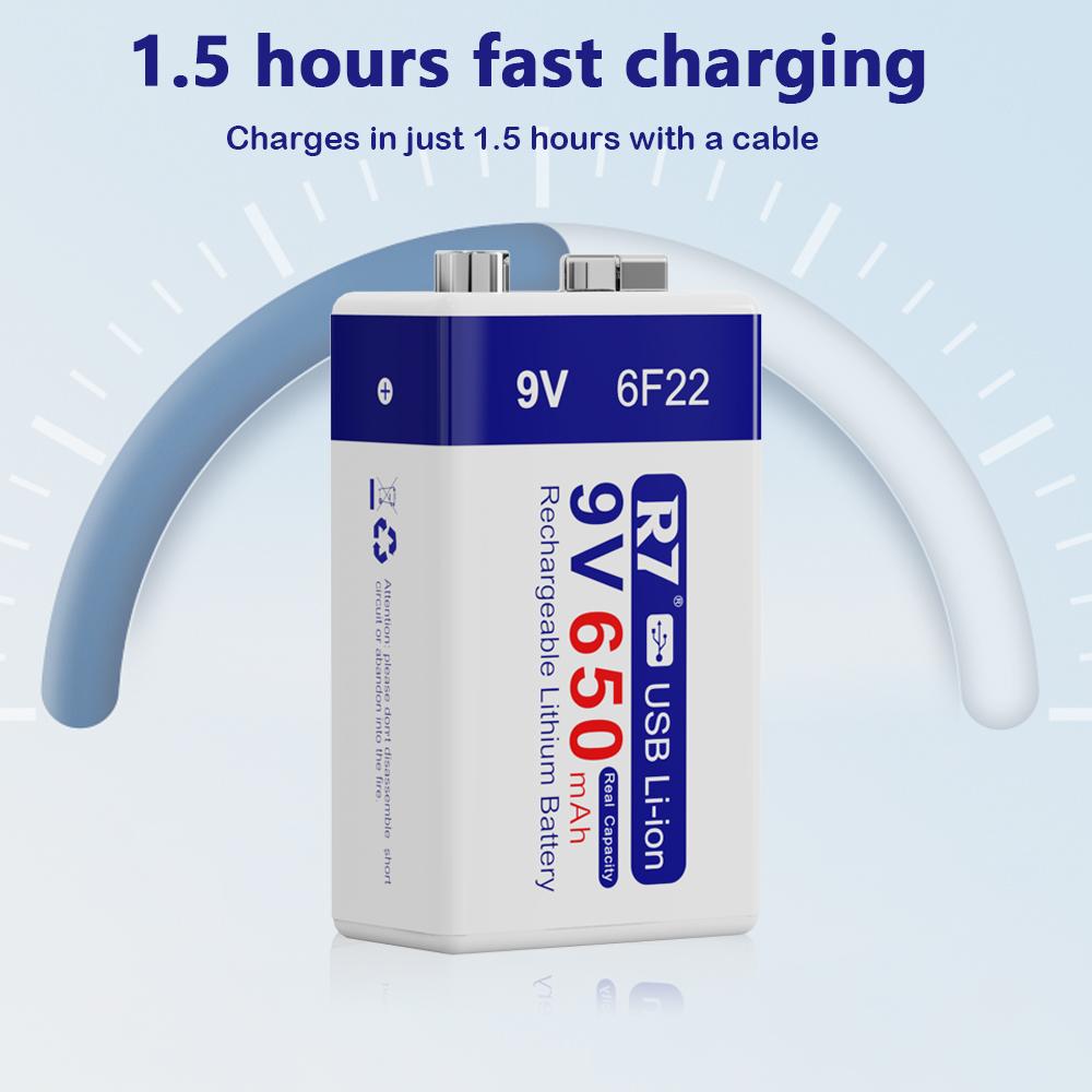 R7 9V USB Batteries 6F22 Rechargeable Batteries 650mAh Lithium Batteries Multifunctional Energy Batteries for KTV Microphone Metal Detector