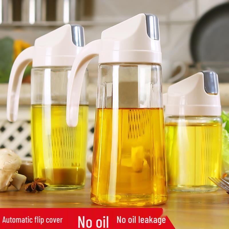 Leak-Proof Auto Open-Close Glass Oil Pot for Kitchen - Small/Large Sizes for Oil, Soy Sauce, Vinegar & Seasonings