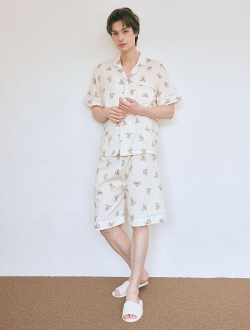 [LUNALUZ STUDIO] Men's Petit Bear Rayon Blend Short Sleeve Collar Two-piece [Shipped from Korea] 100% Authentic