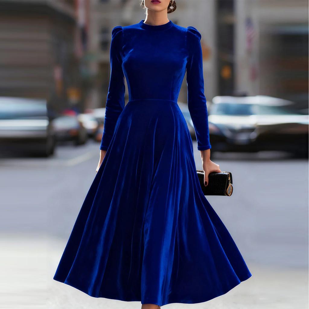 Damska Moda Casual Jednokolorowa Sukienka z Aksamitu z Dekoltem w Serek i Długim Rękawem