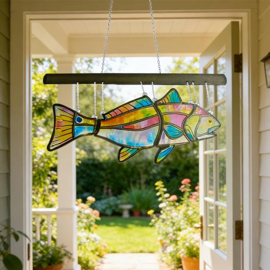 Fish Suncatcher Stained Glass Style Window Hanging Panel Colorful Fish Wind Chimes with Chain for Indoor Outdoor Home Garden Decor Gifts for Fish