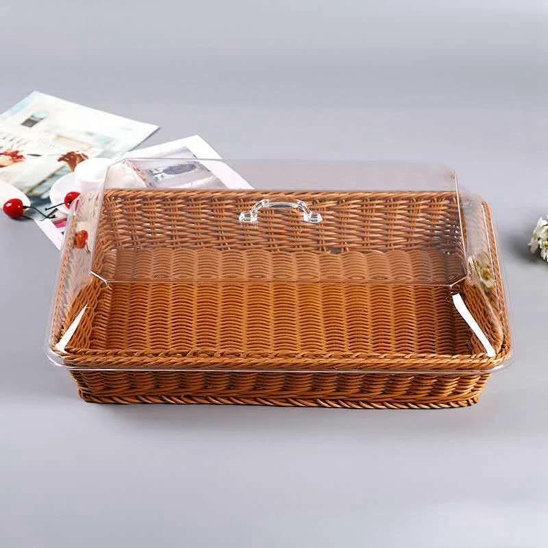 Versatile Imitation Rattan Wicker Basket with Acrylic Lid for Home Dining Table Storage Box Picnic Food Storage Plastic Basket #