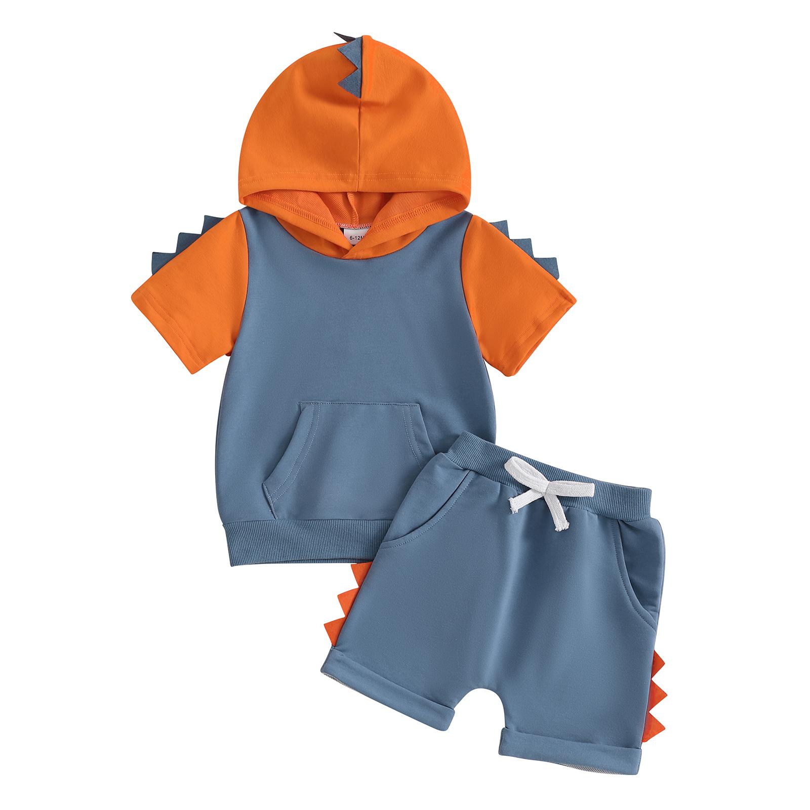 

Летняя одежда для маленького мальчика, футболка с капюшоном с коротким рукавом и динозавром, шорты с карманами на резинке, комплект 12-18 Months