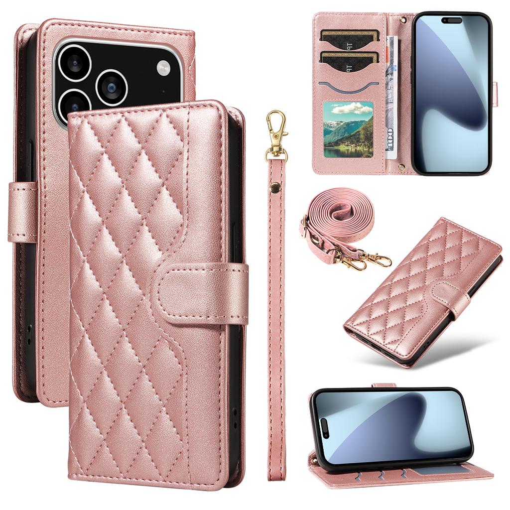 For iPhone 17 Pro Wallet Case Rhombus Leather Phone Cover with Strap