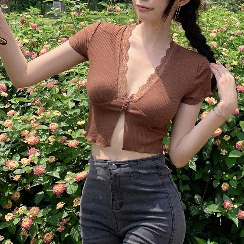 Summer Lace V-neck Slits Slim Fit Inside, Bottoming And Short Top, Silk Stitching Knitted T-shirt