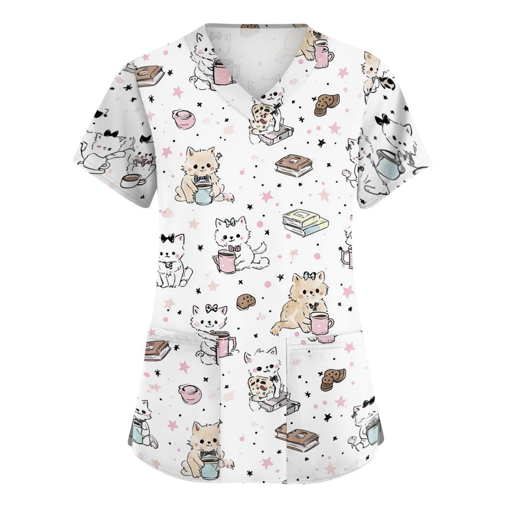Women's V Neck Short Sleeve Work Top with Pockets Cartoon Print Medical Uniform Scrub Shirt for Healthcare Professionals