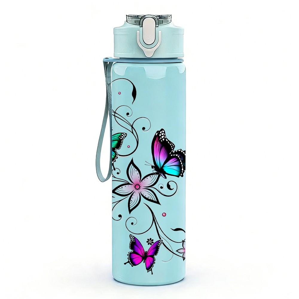 1PC Colorful Butterfly Floral Pattern 750ml Color Plastic Sports Water Bottle Leakproof Flip Straw Lid Suitable for Sports Office Home Use