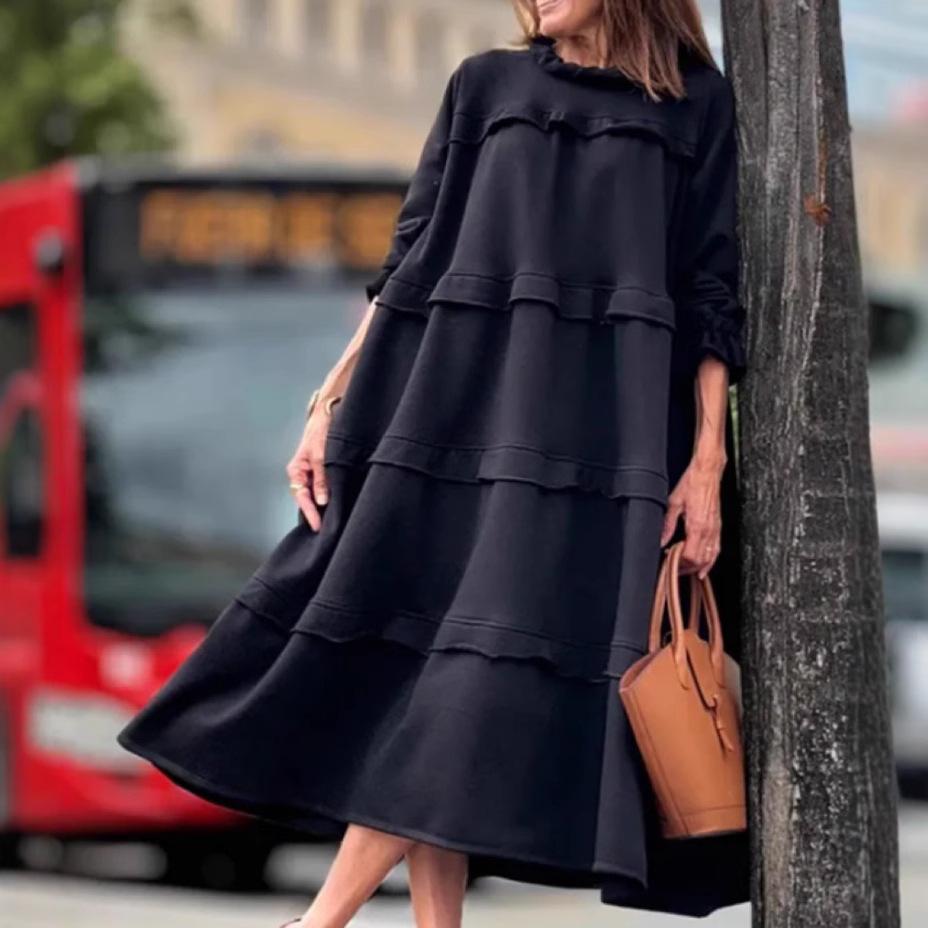 2025 spring and summer new women's clothing long-sleeved splicing round neck ruffle edge dress