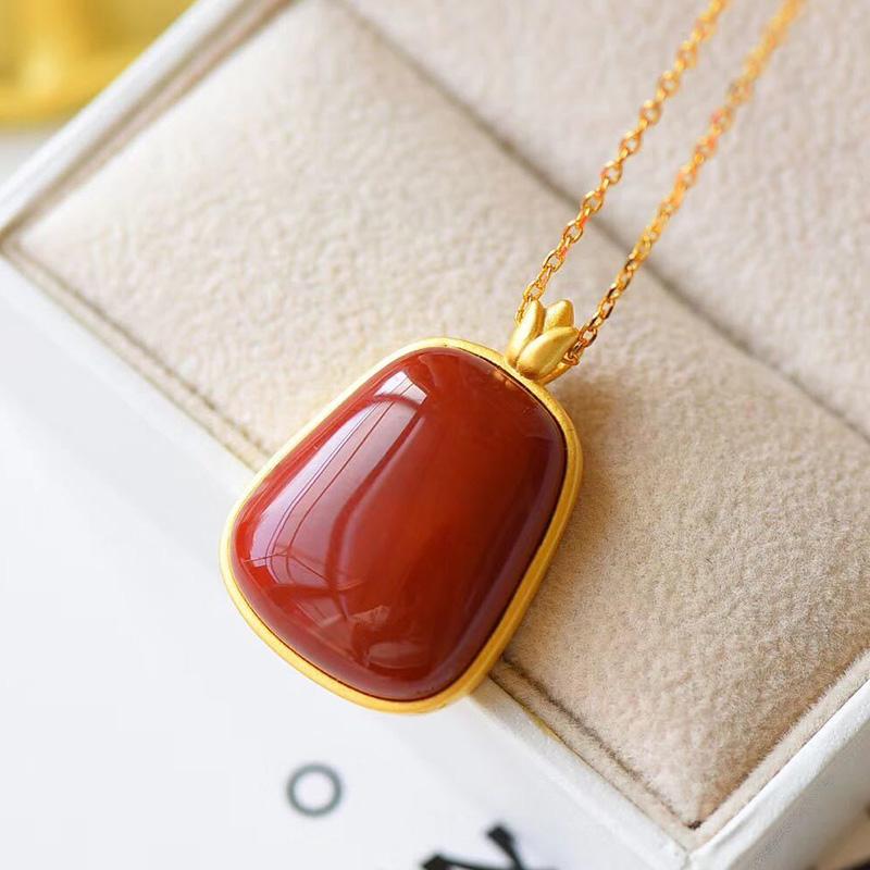 Starożytny Francuski Złoty Rzemiosło Prostokątny Południowy Czerwony Turmalin Naszyjnik Damski Wisiorek Wykwintna I Elegancka Biżuteria