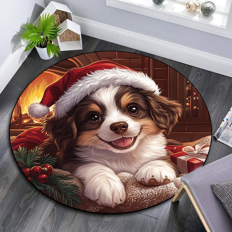 

Santa Hat Puppy Round Area Rug,Carpet Rug for Living Room Bedroom Sofa Playroom Decor,Non-slip Floor Mat 80cmx80cm