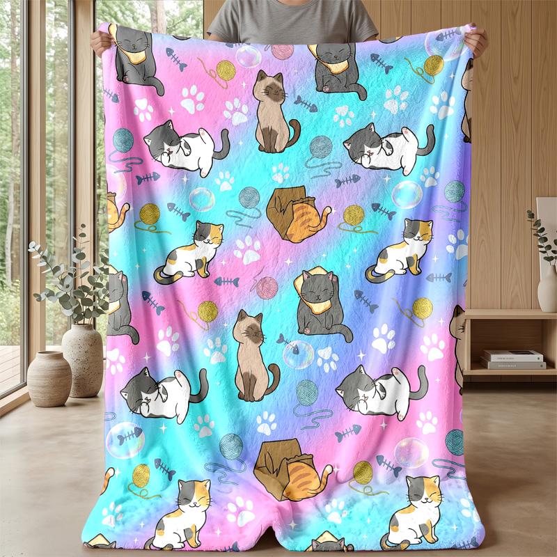 Colorful Cats Pattern blanket Personalized Name Flannel Blanket Soft Cozy Plush Throw for Sofa Bed Lightweight Home Decor