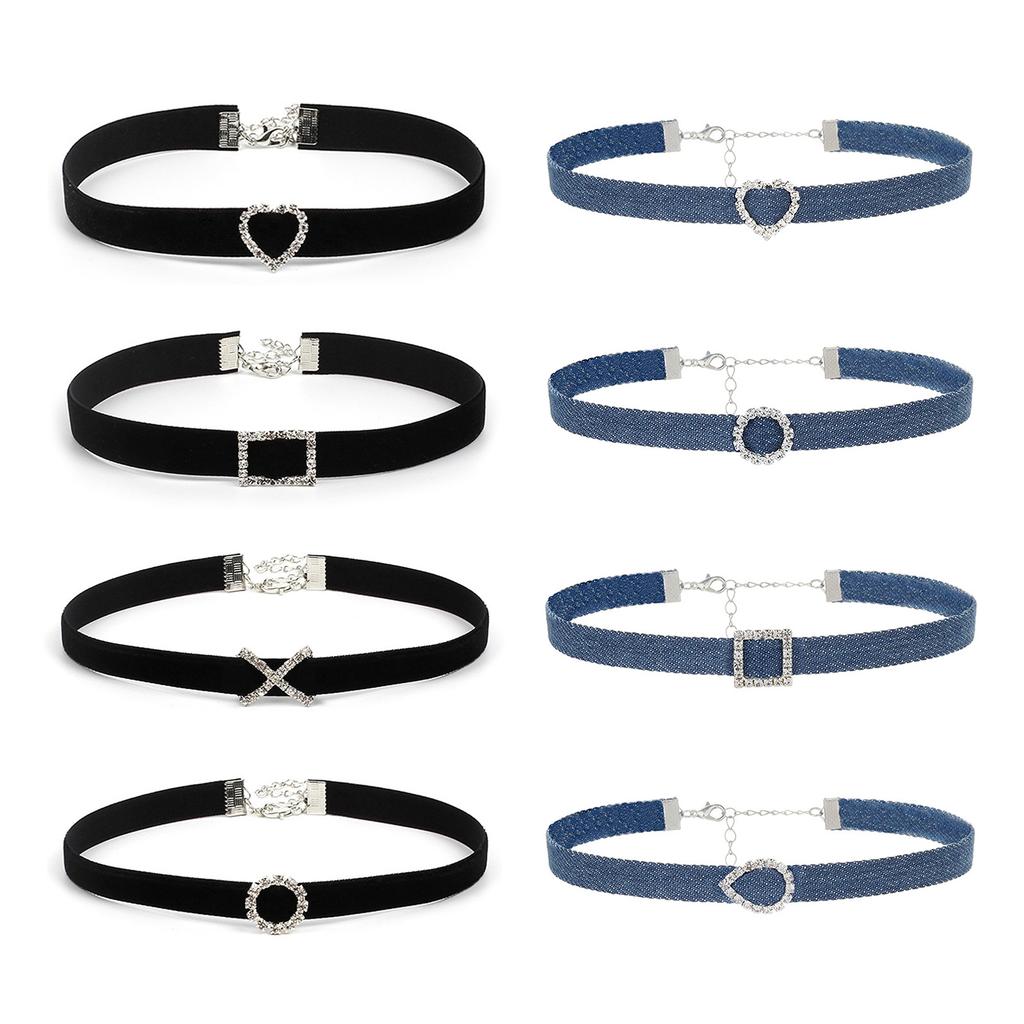 Fashionable Denims Fabric Choker Necklace for Women Adjustable Clavicle Chain Rhinestones Charm Necklace Accessory