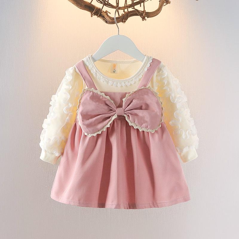 Baby Girl Autumn Faux Two Piece Long Sleeve Dress Infant First Birthday Party Princess Gown Formal Outfit