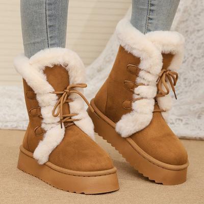 Vintage Furry Warm Snow Boots for Women Winter Platform Anti Slip Snow Boots Woman Faux Suede Lace Up Cotton Shoes Mujer