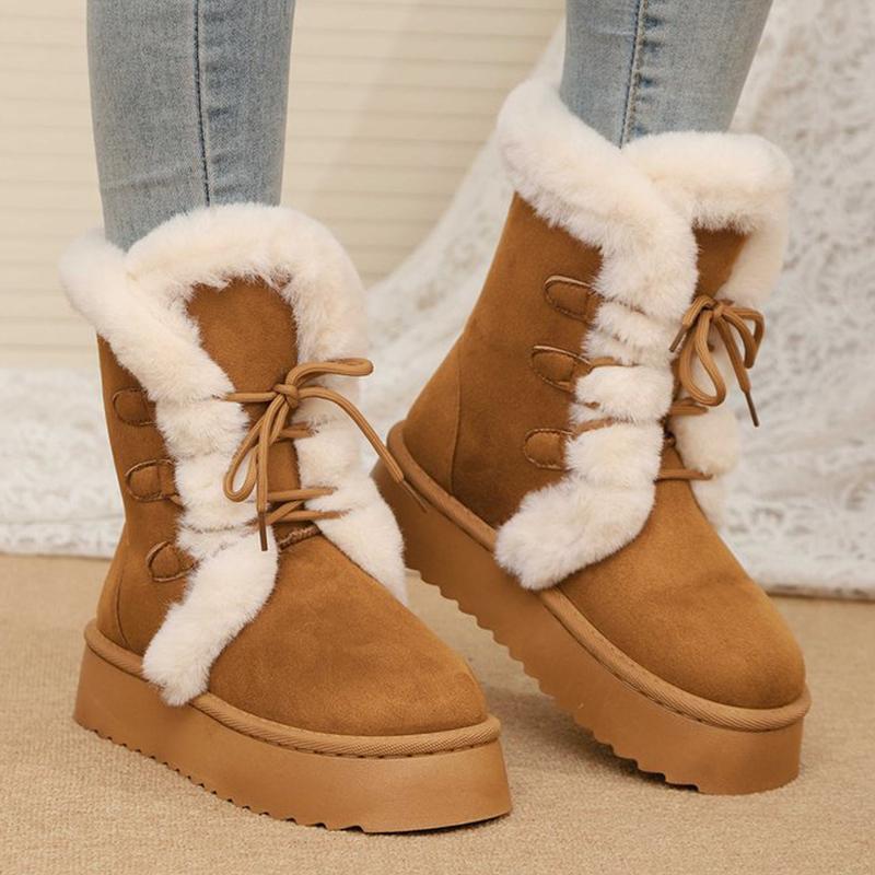 Vintage Furry Warm Snow Boots for Women Winter Platform Anti Slip Snow Boots Woman Faux Suede Lace Up Cotton Shoes Mujer