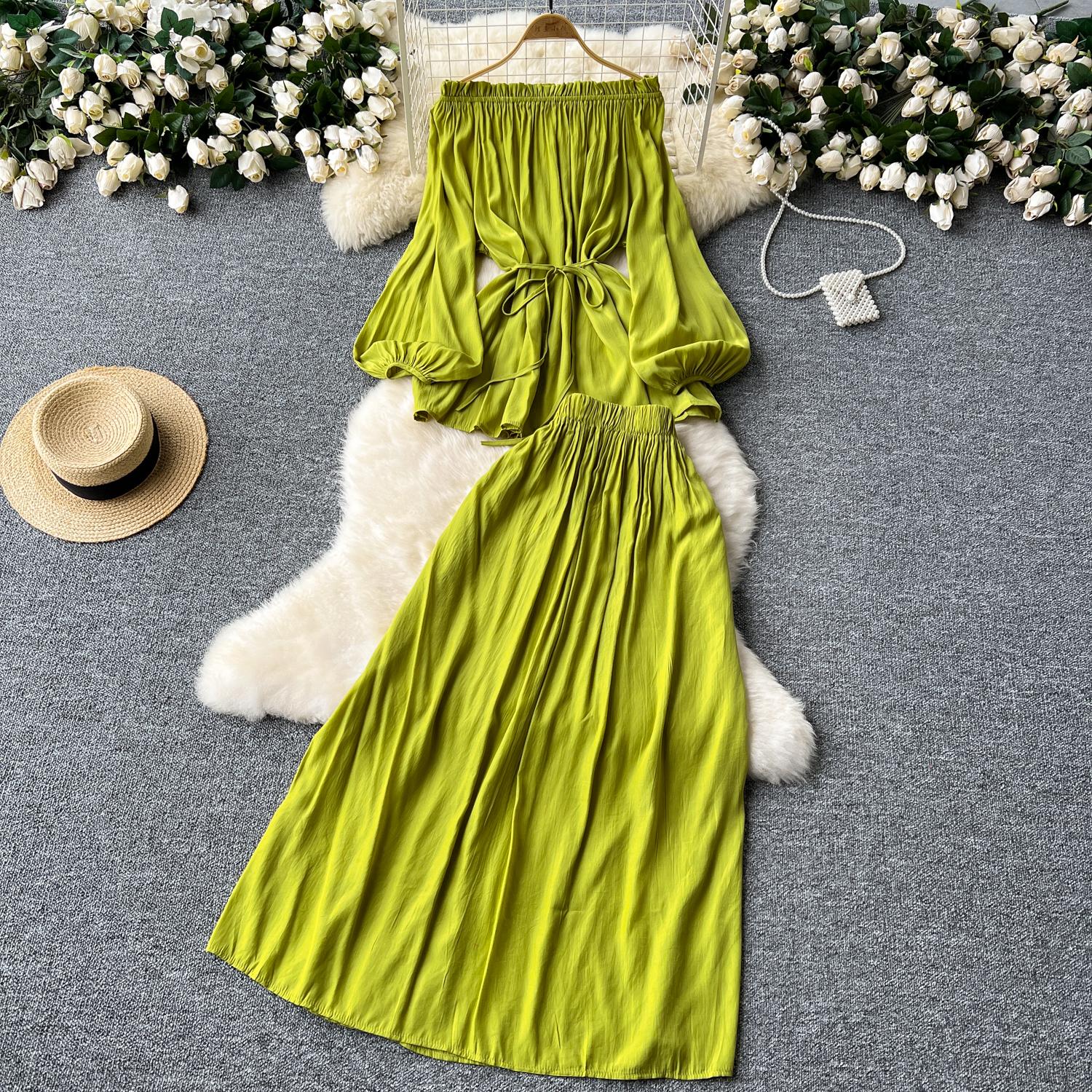 

Ніжні комплекти з двох предметів, жіночі косі горловини, ліхтарики з відкритими плечима, топ з тонкою талією і довгим рукавом + спідниця з високою талією і великим подолом One Size світло-зелений колір