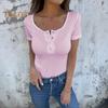 Dame T-skjorte O-hals Knapper Halv knepping Kort ermet T-skjorte Ensfarget Slim fit Pullovertopper Hverdagsbruk