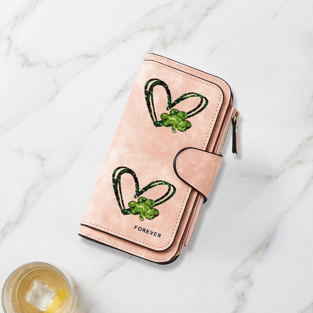 Long Wallet with Green Sparkling Heart and Four Leaf Clover Decorative Print Multifunctional Portable Coin Purse with Snap Closure Suitable for Daily