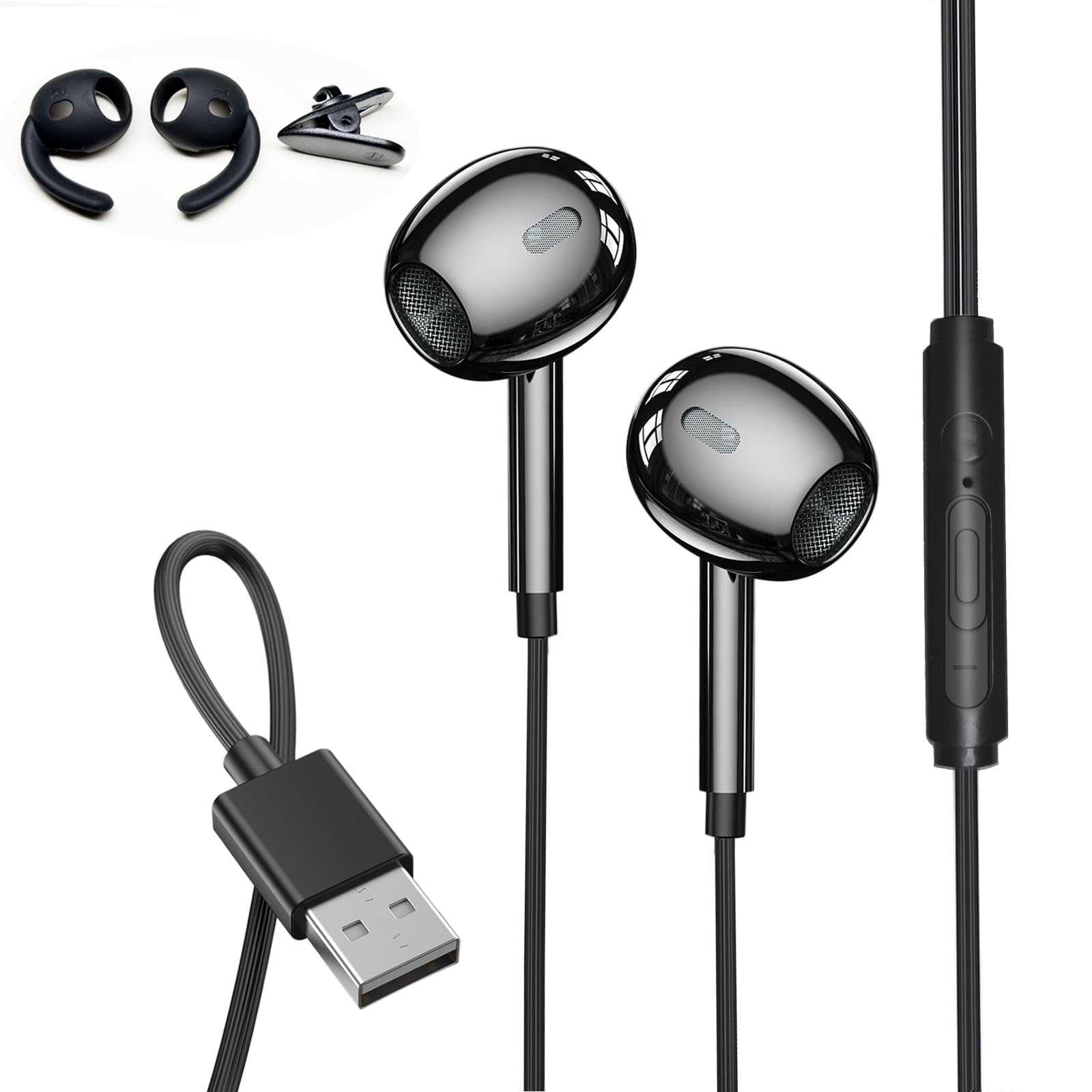 

[2026 Improved Model] USB Earphones, 2.5m Long Cable, Gaming Earphones with Microphone, In-Ear Type, HIFI Sound Quality, Volume Control, Ear Caps