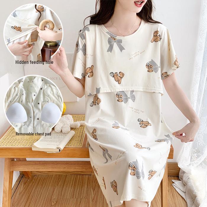 Pure Cotton Short Sleeve Nightgown for Pregnant & Postpartum Women - Breastfeeding Friendly