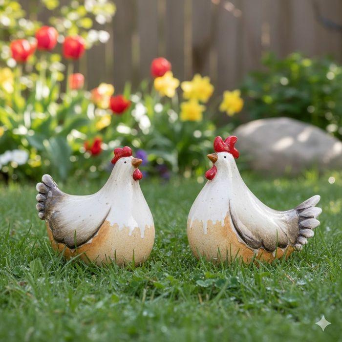 Deux décoration de jardin coq & poule en céramique