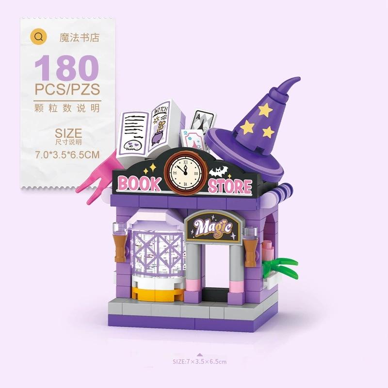 NEW Halloween Grocery Store Buns Spellbook Mah-Jong Club Restaurant Street View Building Blocks Kit Girl Bricks Model Kids Toy