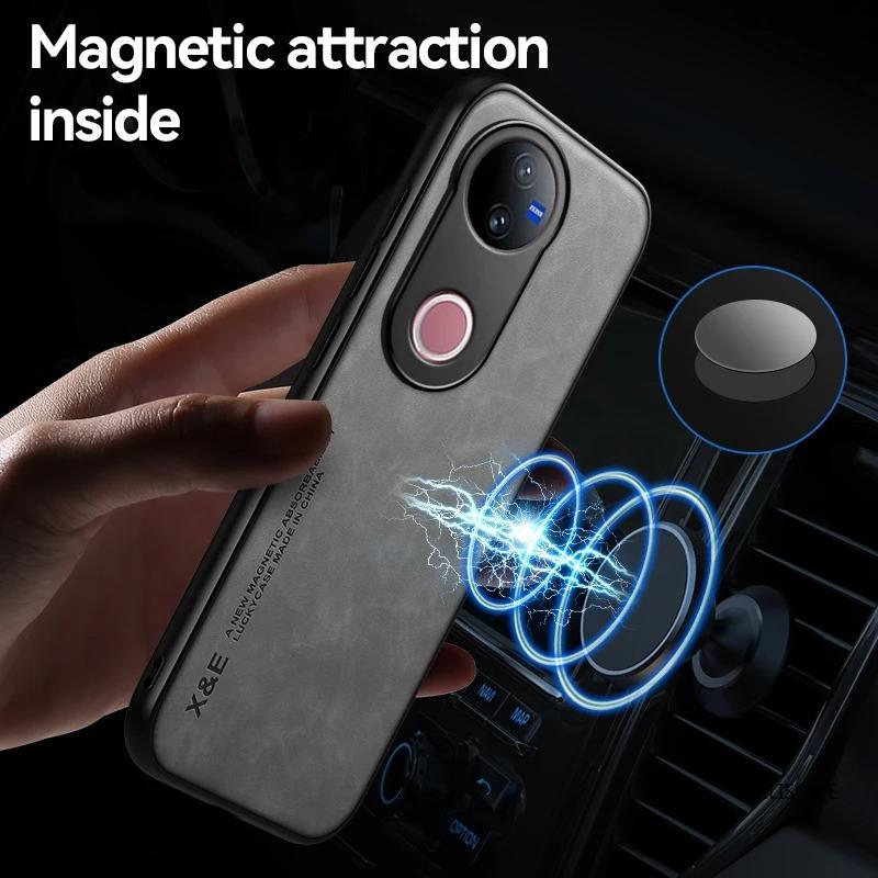 For Vivo V50 5G PU Leather Car Magnetic Holder Silicone Back Cover For VIVO V50 5G Built-in Iron Protection Phone Case