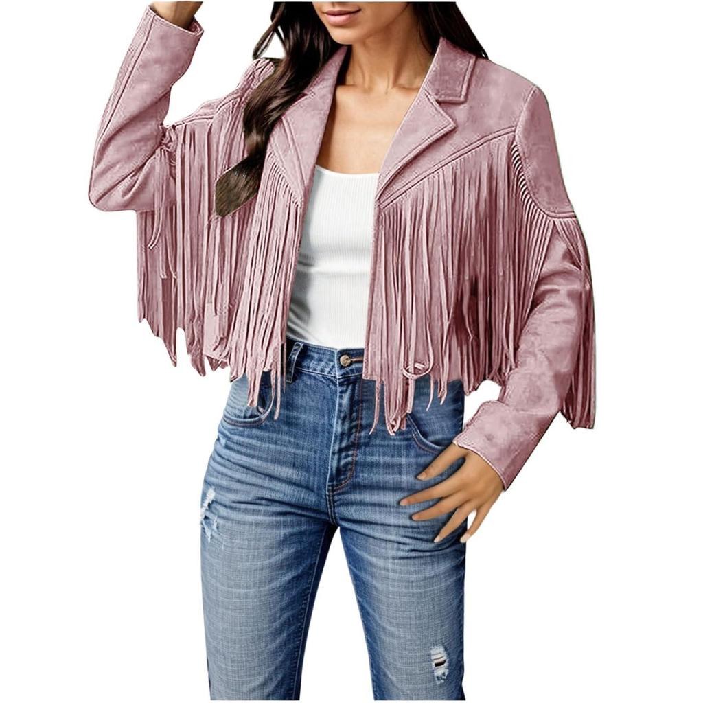 Women Faux Suede Leather Tassel Jackets - Vintage Lapel Open Front Cowboy Style Long Sleeve Tassels Cardigan Coat Tops