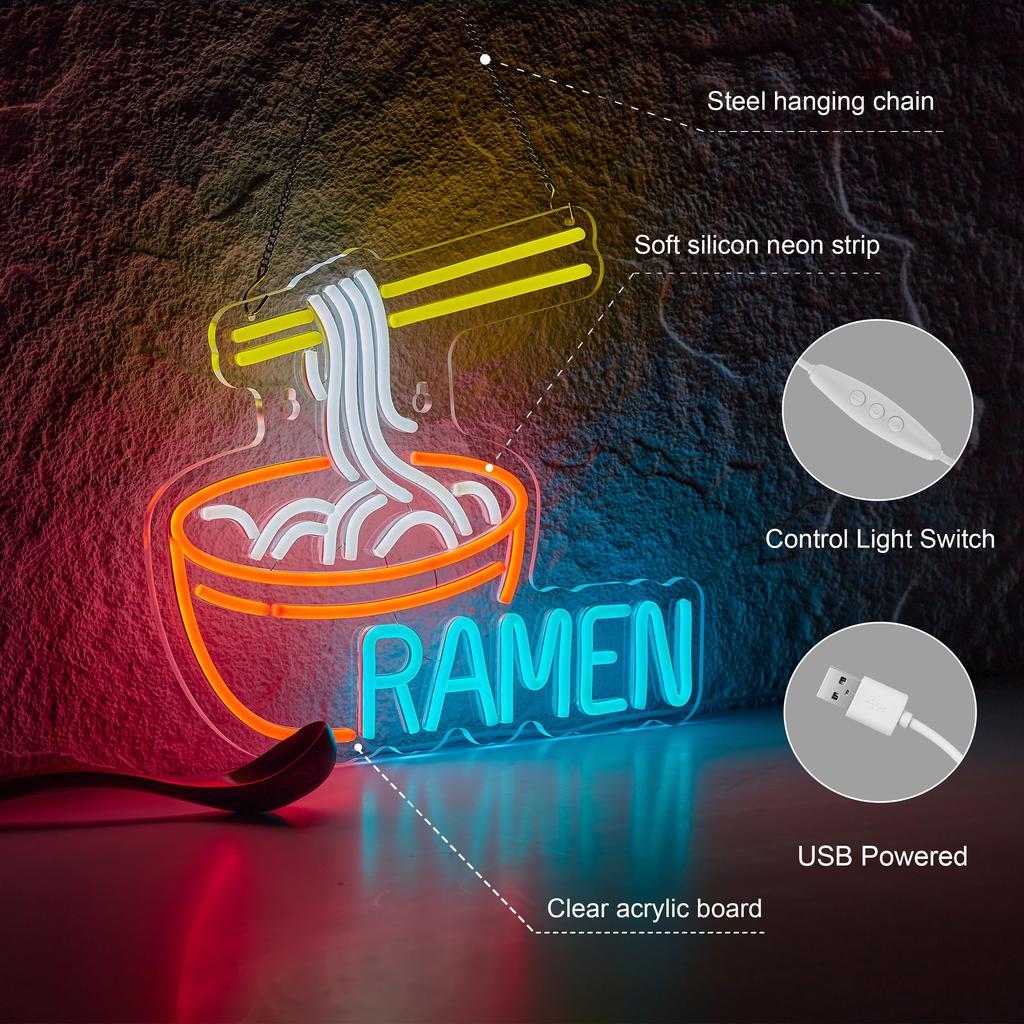 Ramen Neon Sign Noodle LED Light for Wall Décor Dimmable Restaurant Ramen Shop LED Neon Lights USB Powered Neon Art Signs Decor