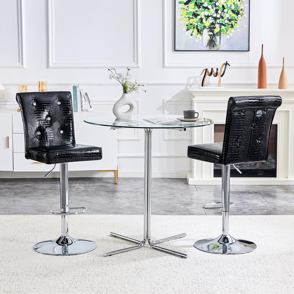 A Set of 2 Black Vintage Crocodile Leather Lift Bar Stools, with Crystal Buckle and Synthetic Leather Design, Add Elegance and Mystery to Dining Area