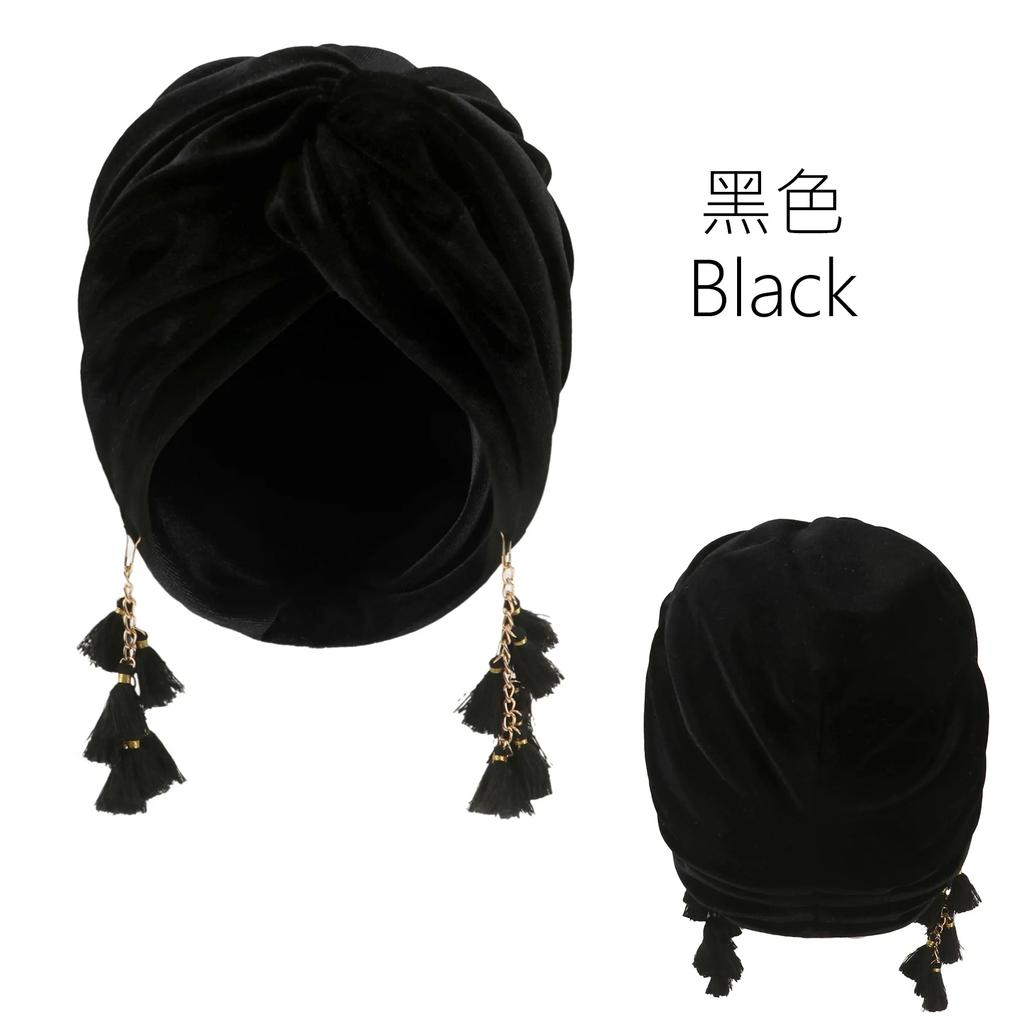 New Muslim Women Velvet tassel Turban Hat Soft Stretch Bohemian cross pullover Bandana Headband Beanie Cap Islamic Head Wrap