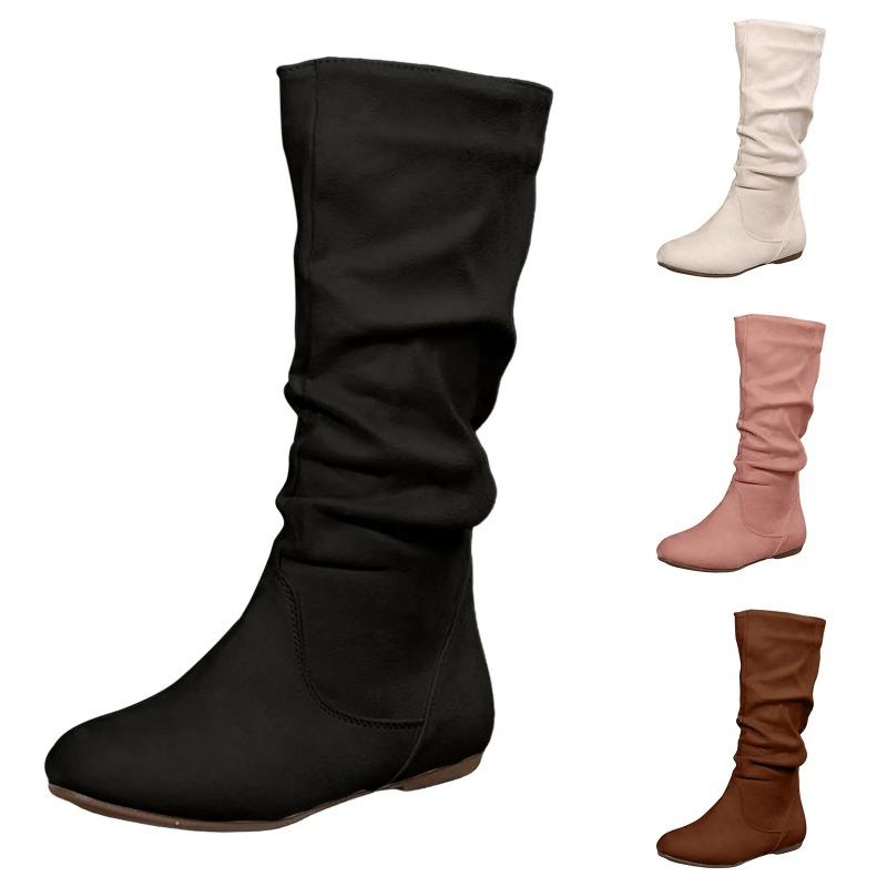 Insulated Boots Women Wide Calf Women'S Solid Color Fashion Side Zipper Casual Flat Bottom Round Toe Mid Women Boots Half Calf