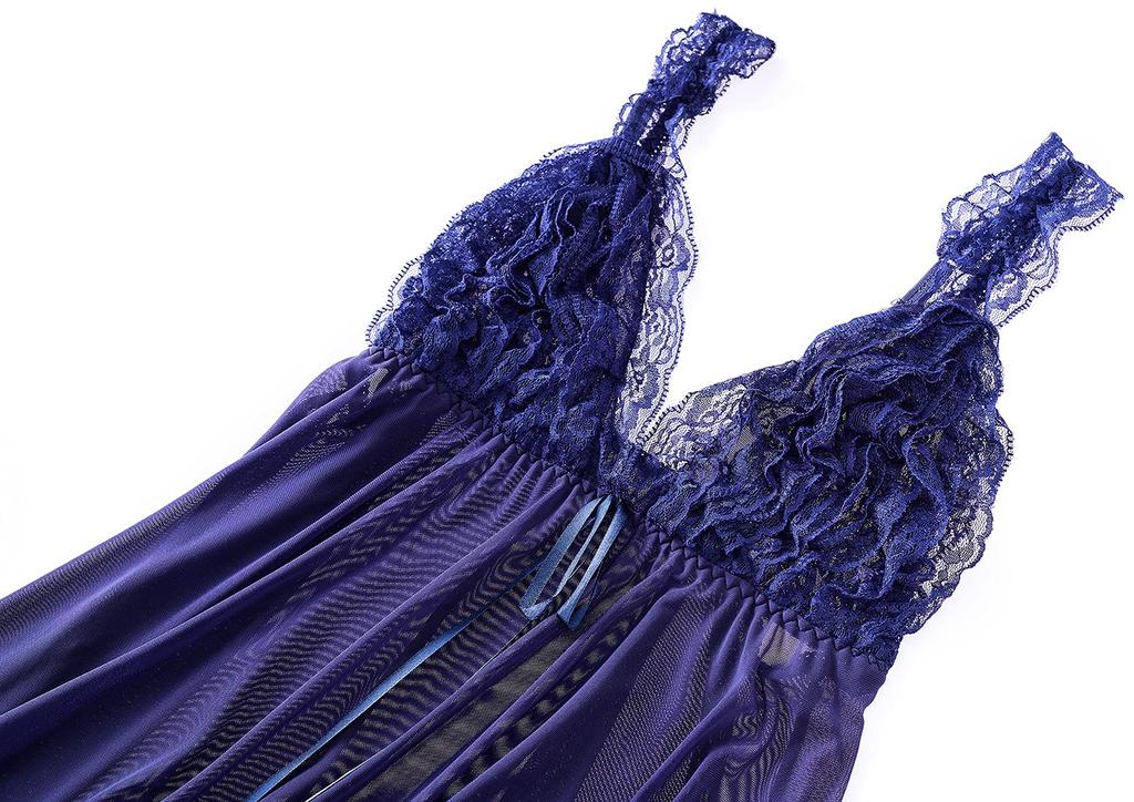 Babydoll Lingerie Nightgown Smooth and Soft Fabric Cute Long Ribbon Lots of Volume Ruffles [Synlala] See-Through